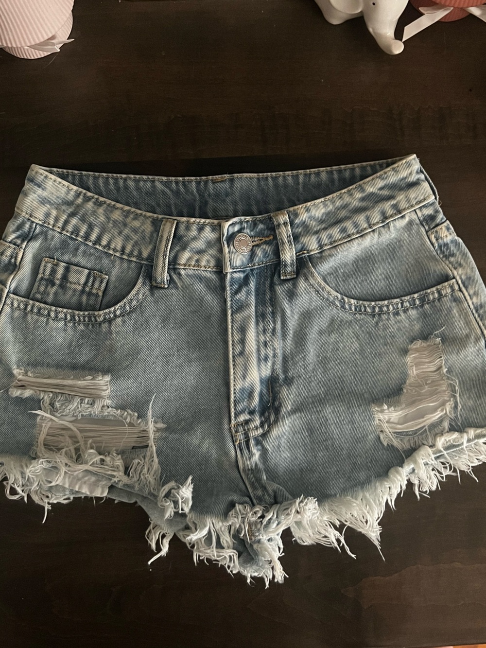 Light Wash Distressed Denim Shorts - Light Blue
